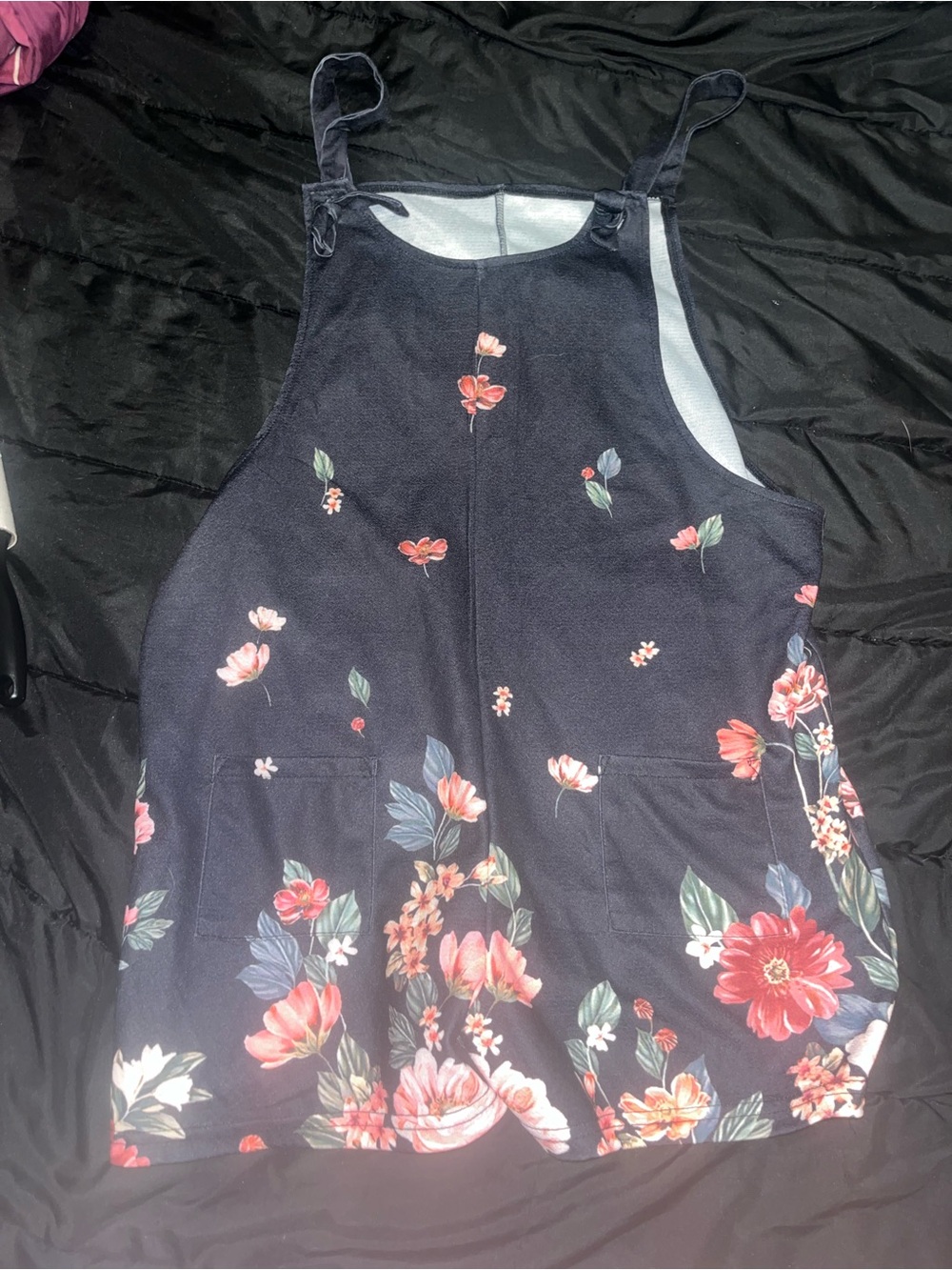 Black Floral shortalls Pinafore romper with Pockets size large